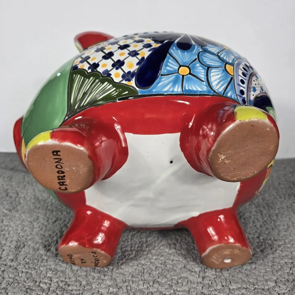 Talavera Piggy Bank Mexican Pottery Art Hand Painted 9.5 x 7.5 X 8 In